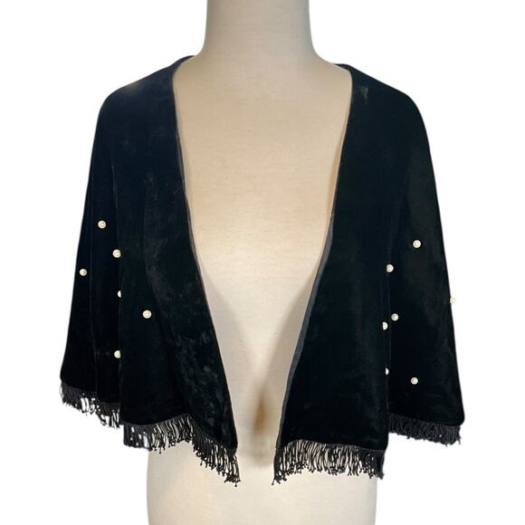 Black Velvet Shawl with Pearl Embellishments and Tassel Fringe Satin Inside O/S - Picture 3 of 8